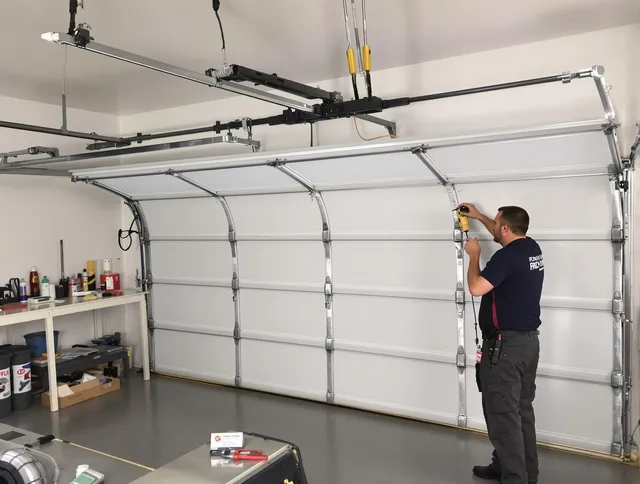 Belmont Garage Door Repair certified technician performing overhead door system repair in Belmont